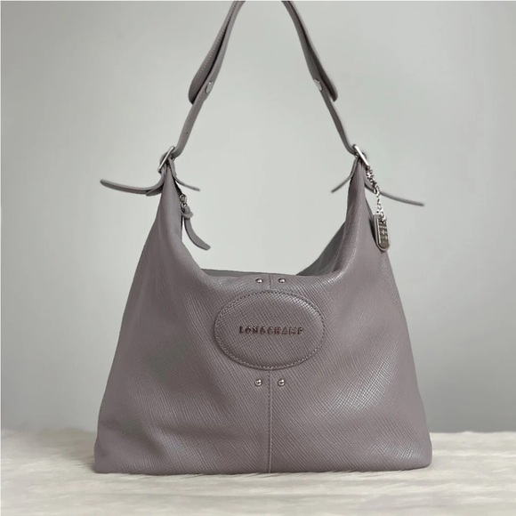 Longchamp Grey Leather Front Logo Slouchy Shoulder Bag ExcellentLONGCHAMP